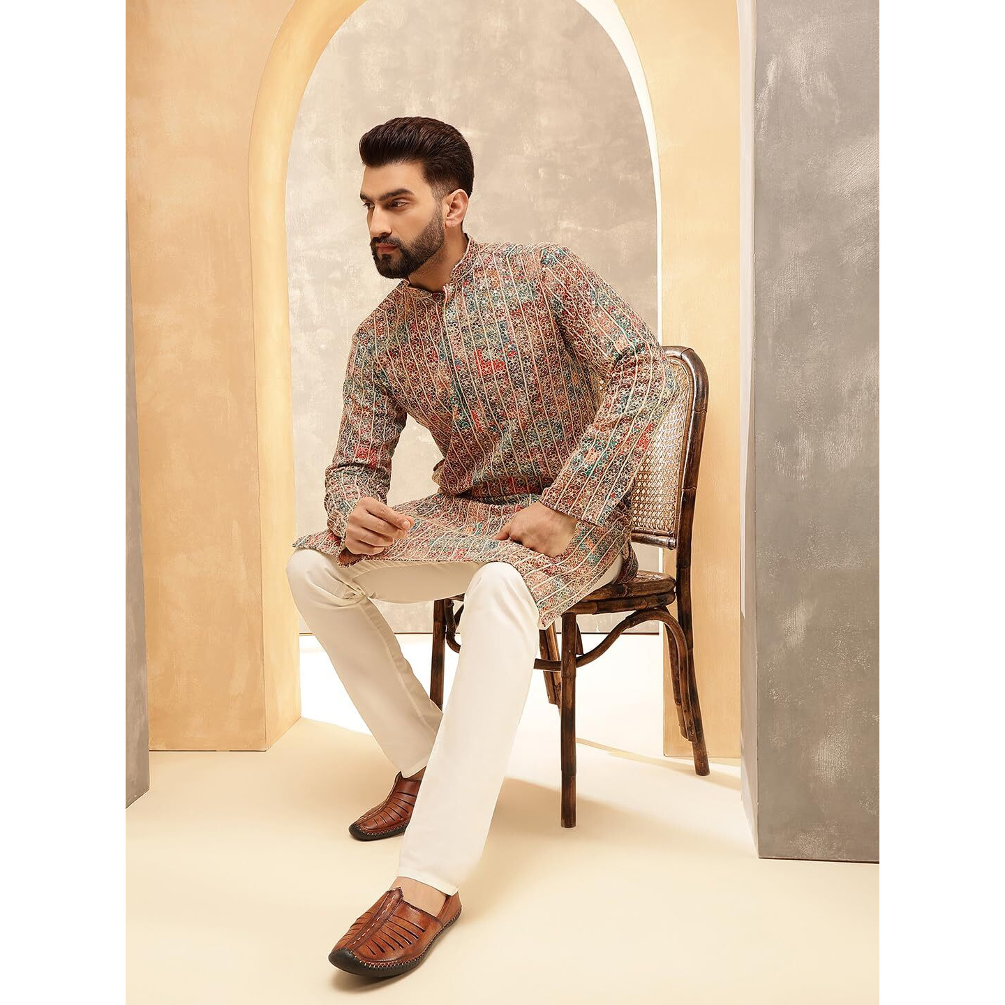 Sojanya (Since 1958 Men's Cotton Silk Gold Thread Floral Embroidered Kurta With White Pyjama