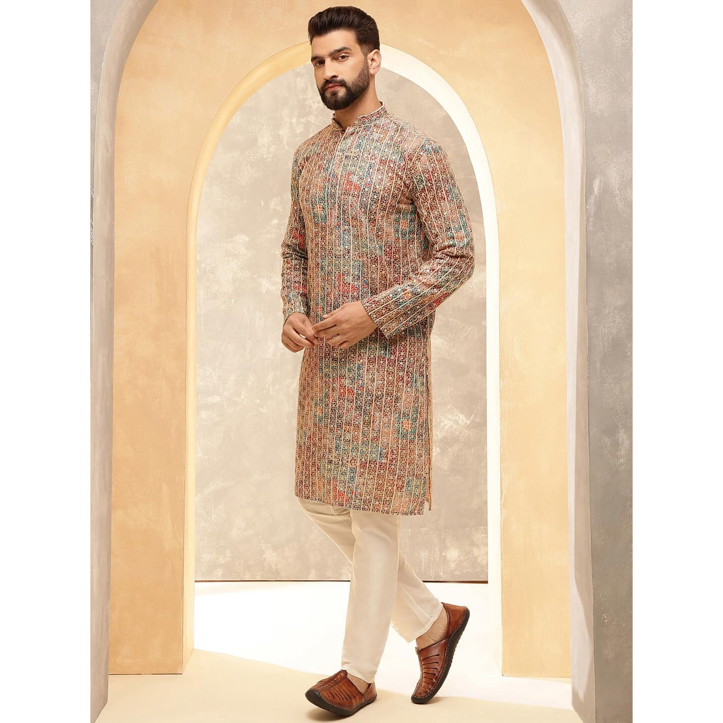 Sojanya (Since 1958 Men's Cotton Silk Gold Thread Floral Embroidered Kurta With White Pyjama