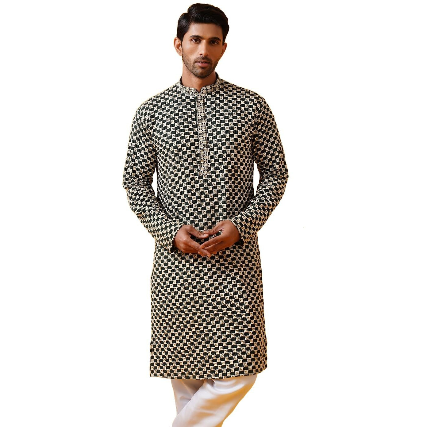 Sojanya (Since 1958 Men's Cotton Rayon Sequinned Cheeku Thread Eembroidered Green Long Kurta