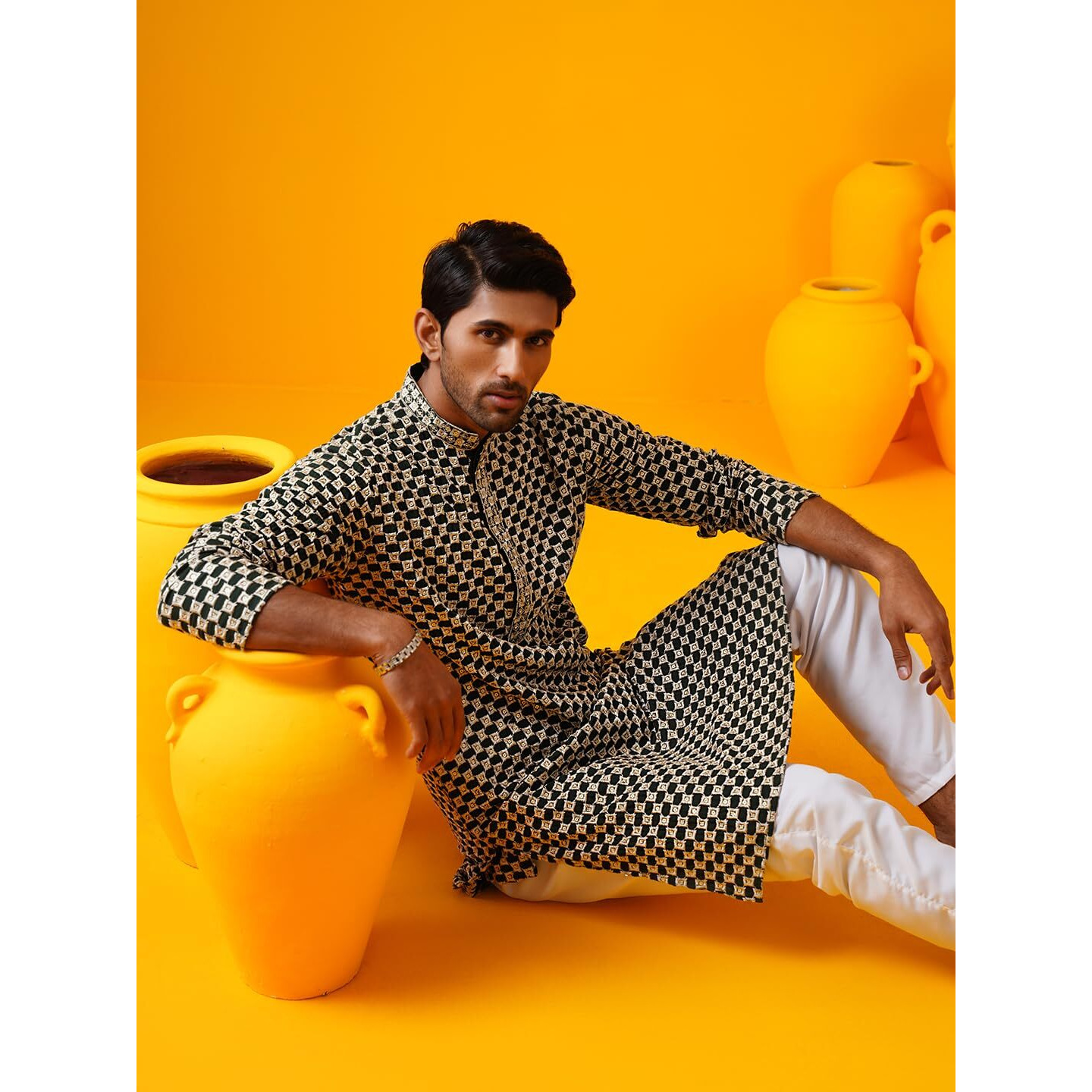 Sojanya (Since 1958 Men's Cotton Rayon Sequinned Cheeku Thread Eembroidered Green Long Kurta