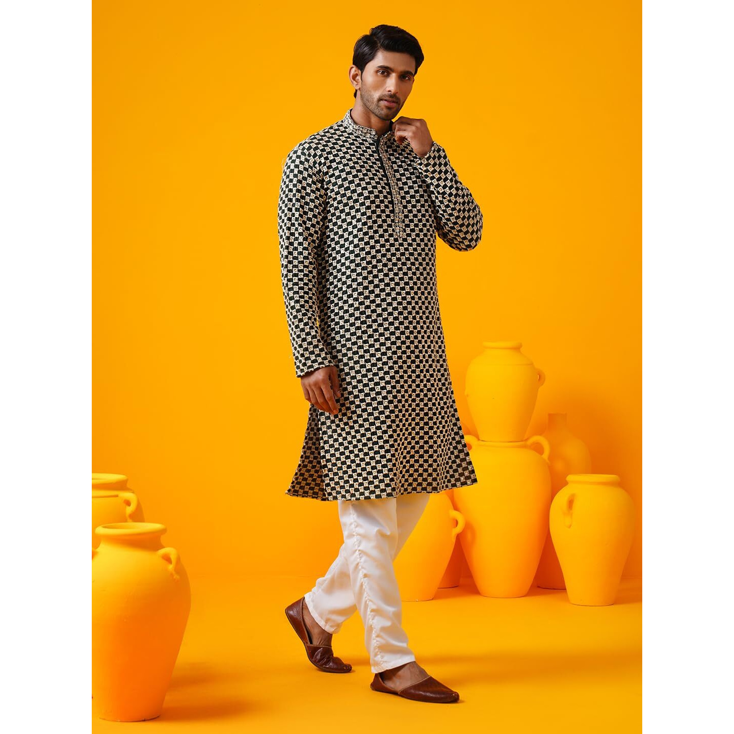 Sojanya (Since 1958 Men's Cotton Rayon Sequinned Cheeku Thread Eembroidered Green Long Kurta