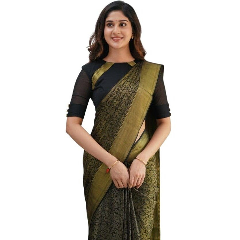 Flosive Mix Color & Gold Zari Woven Kanjivaram Saree With Blouse (Black)