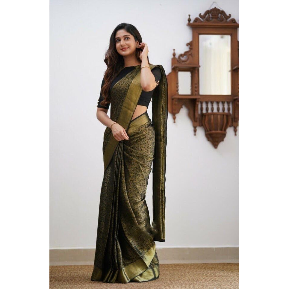 Flosive Mix Color & Gold Zari Woven Kanjivaram Saree With Blouse (Black)