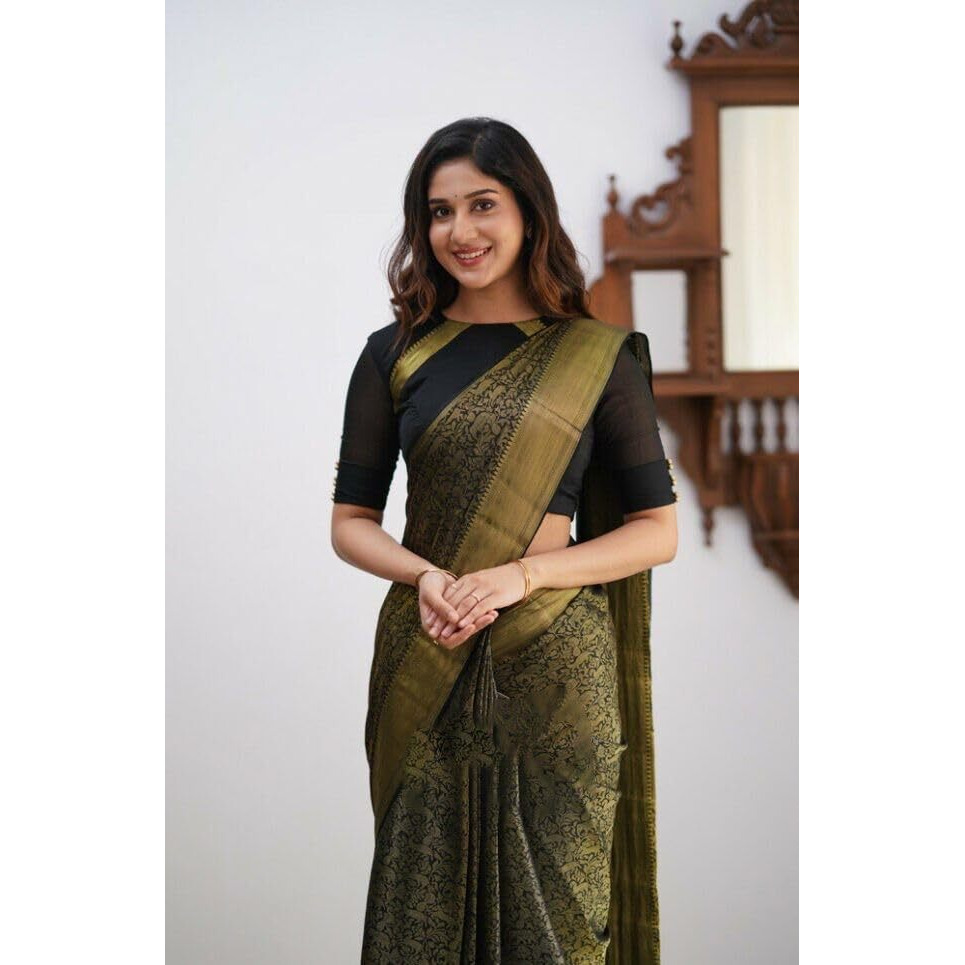 Flosive Mix Color & Gold Zari Woven Kanjivaram Saree With Blouse (Black)