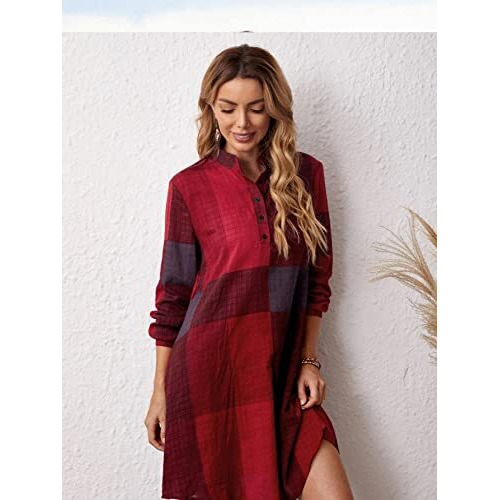Greciilooks Western Dress For Women| Color Block Tunic Dress| Shirt Collar Half Button Western Dress| Long Slleve Dress| Best Gift For Girls| Knee Lenth Summer Dress (Medium, Red)