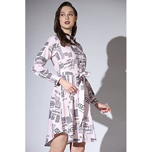 Greciilooks Western Dress For Women - Paper Printed Rayon Dress & Long Button Down Sleeve With Belt For Girls Suitable For Workout, Office, Function, Tracking(Pack Of 1) (Large, Light Pink)