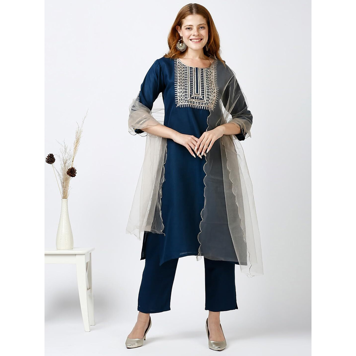 Gufrina Elegant Cotton Embroidered Women's Kurta Pant Dupatta Set | Round-Neck, 3/4 Sleeve Ethnic Wear (Blue L)