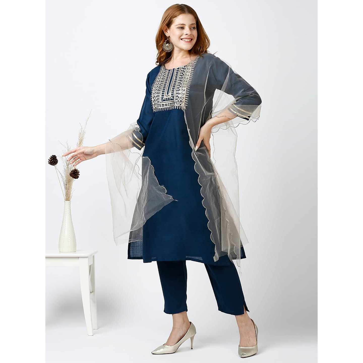 Gufrina Elegant Cotton Embroidered Women's Kurta Pant Dupatta Set | Round-Neck, 3/4 Sleeve Ethnic Wear (Blue L)