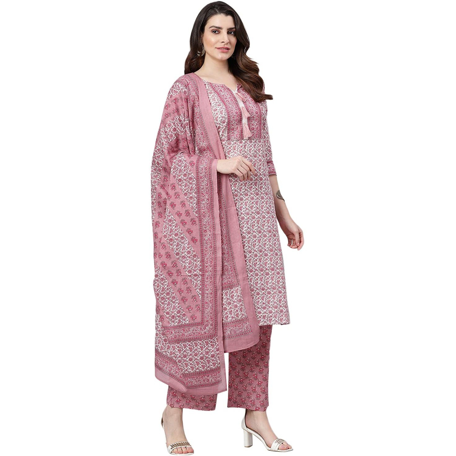 Idalia Womens Ethnic Wear Pink Printed Straight Cotton Kurta Set With Dupatta For Women