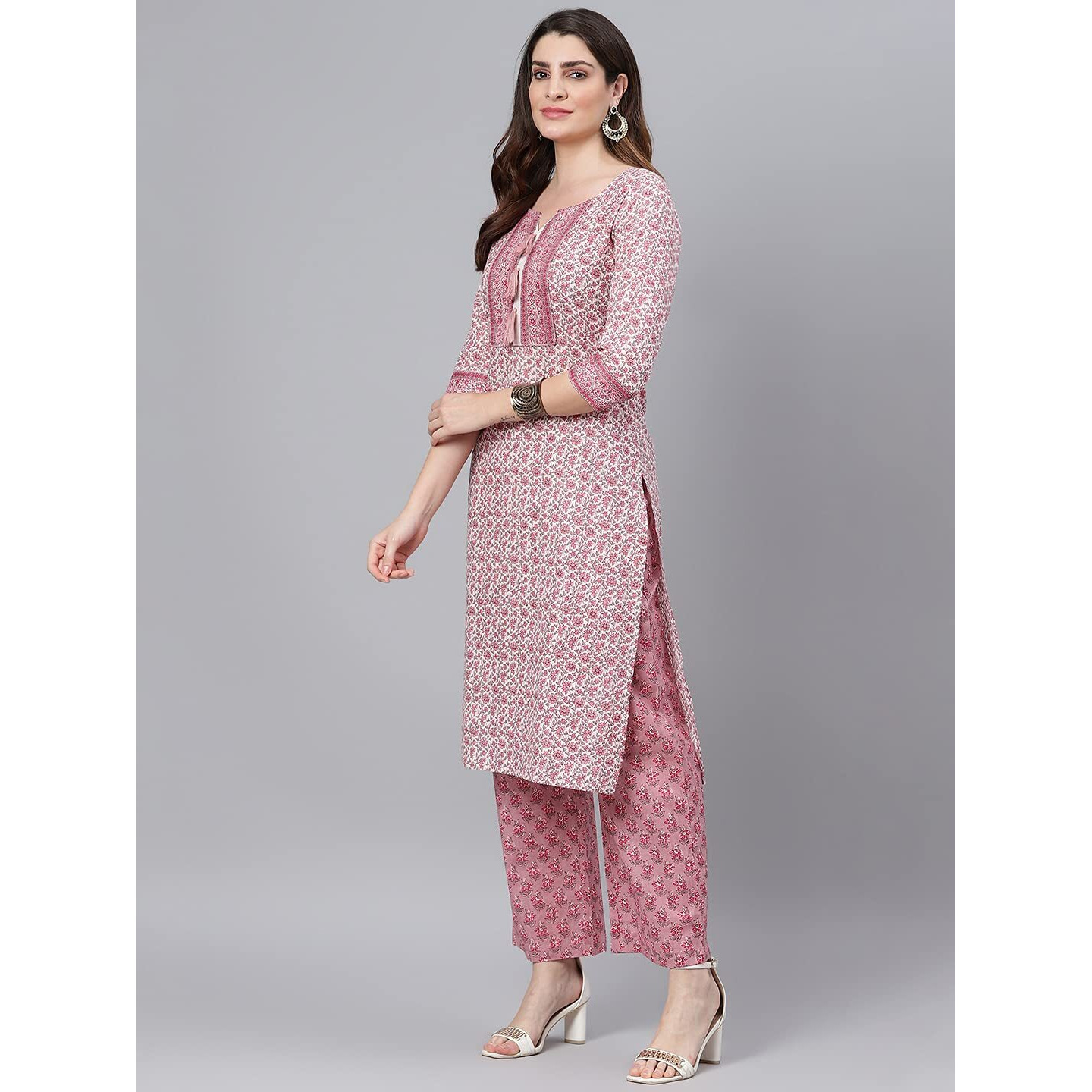 Idalia Womens Ethnic Wear Pink Printed Straight Cotton Kurta Set With Dupatta For Women