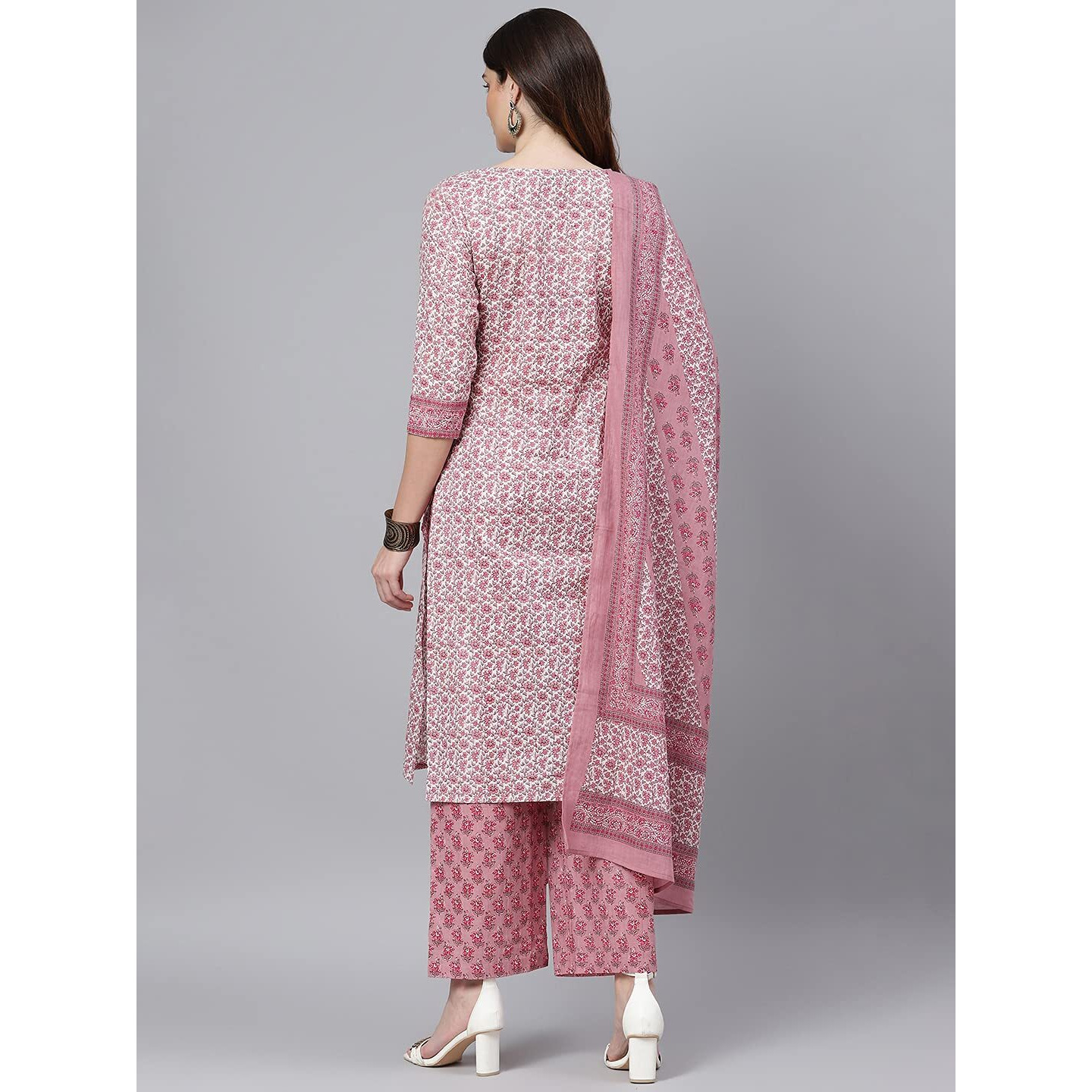 Idalia Womens Ethnic Wear Pink Printed Straight Cotton Kurta Set With Dupatta For Women