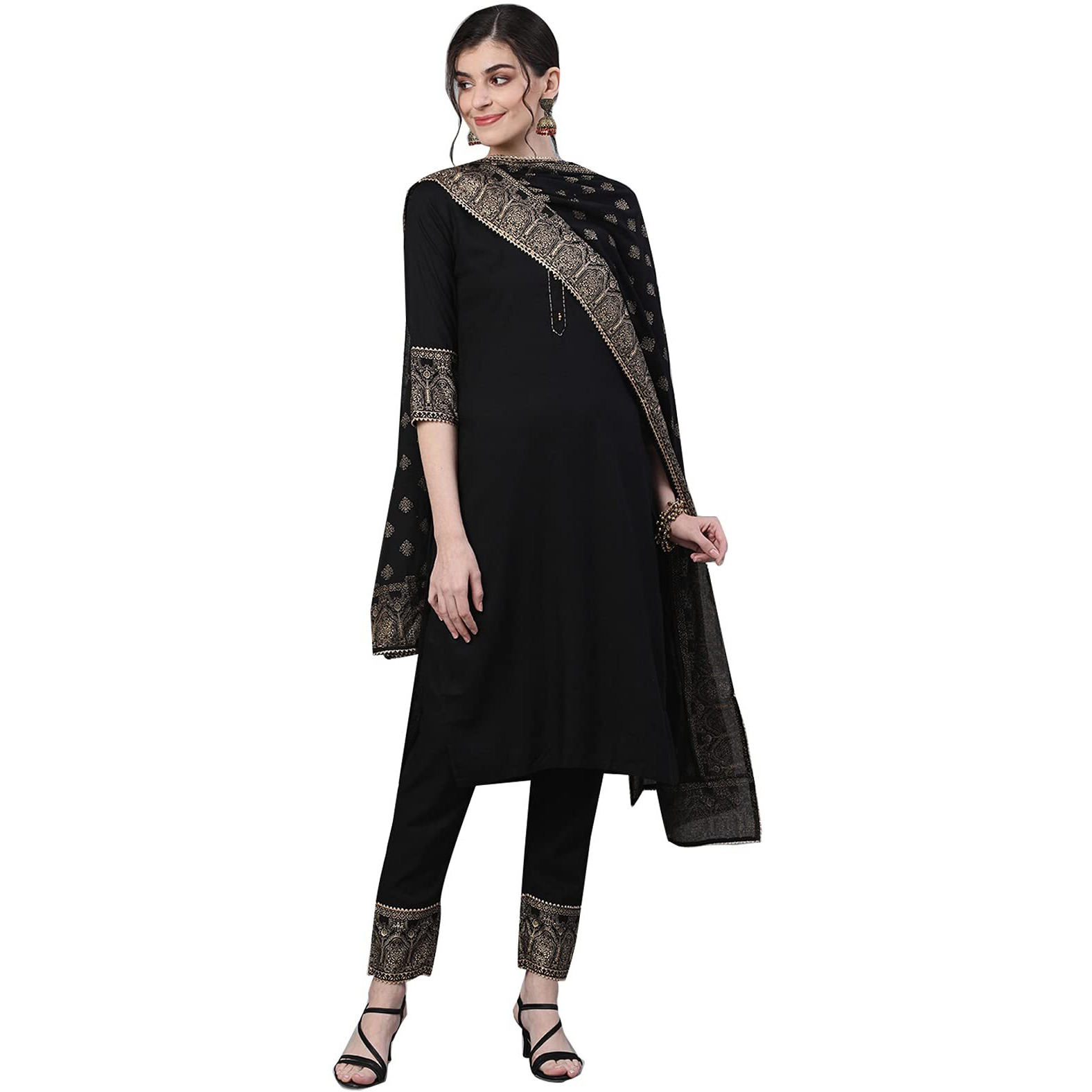 Ishin Women's Viscose Rayon Straight Solid Gotta Patti Ethnic Motifs Print Black Kurta Suit Set With Trouser Kpdhvkats-7008_S_Black