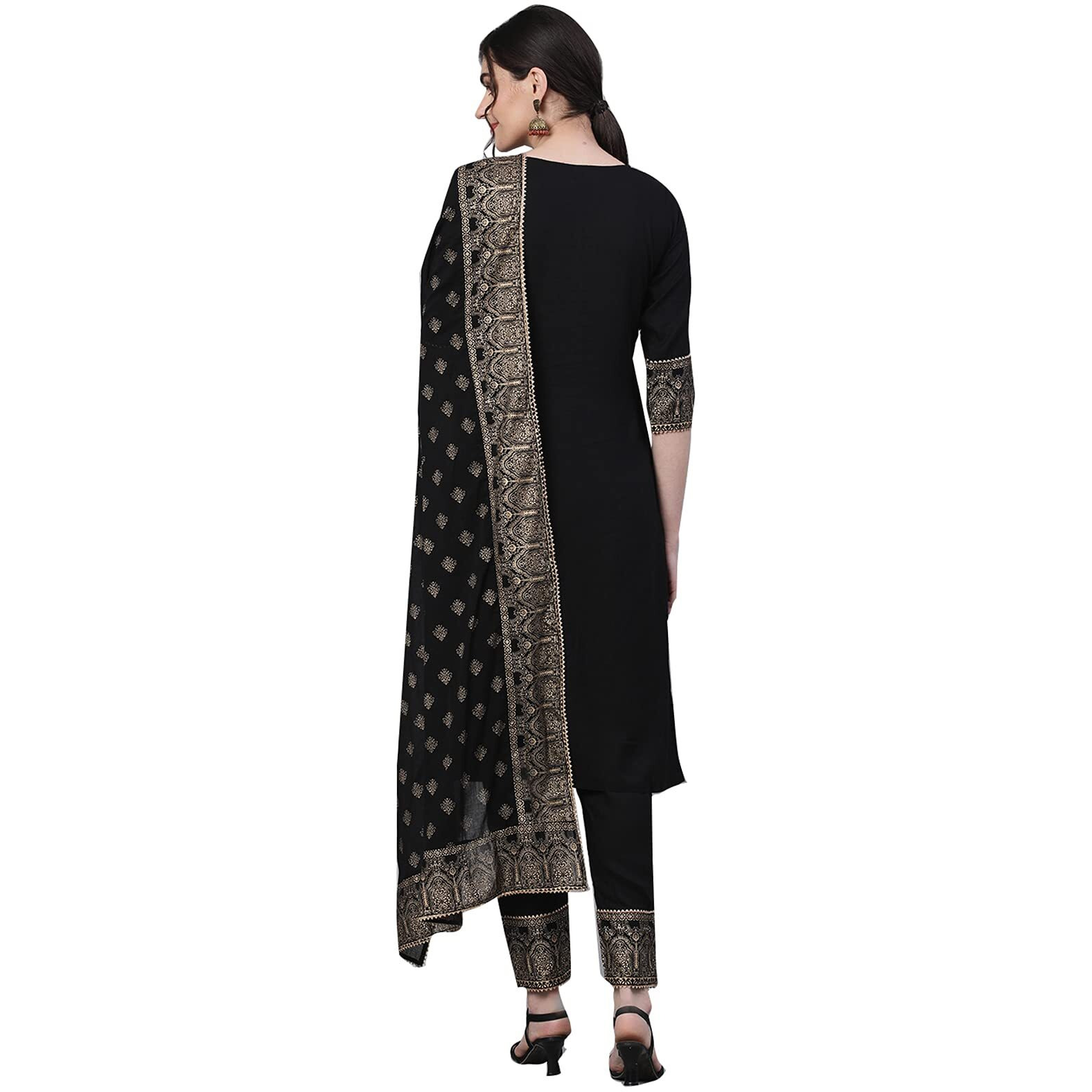 Ishin Women's Viscose Rayon Straight Solid Gotta Patti Ethnic Motifs Print Black Kurta Suit Set With Trouser Kpdhvkats-7008_S_Black