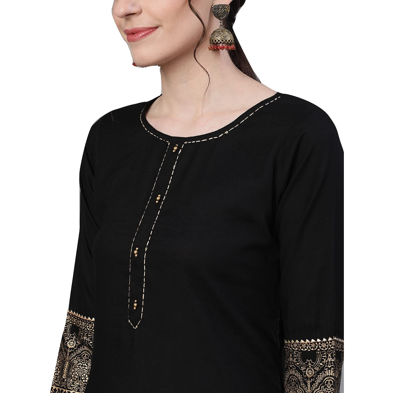 Ishin Women's Viscose Rayon Straight Solid Gotta Patti Ethnic Motifs Print Black Kurta Suit Set With Trouser Kpdhvkats-7008_S_Black
