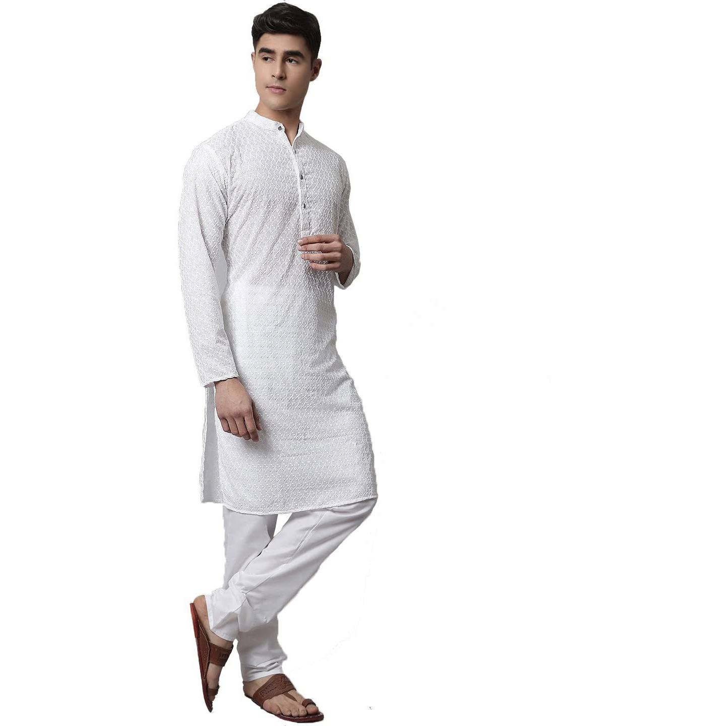 Jompers Men White Embroidered Kurta With Churidar (White, Xxl)