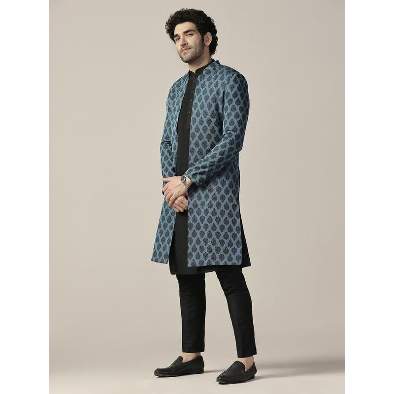 Kisah Men's Indo-Western Kurta Sherwani Trouser Set, Turquoise Blue Silk Blend, Woven Design Regular Fit Mandarin Collar Long Sleeves (40)