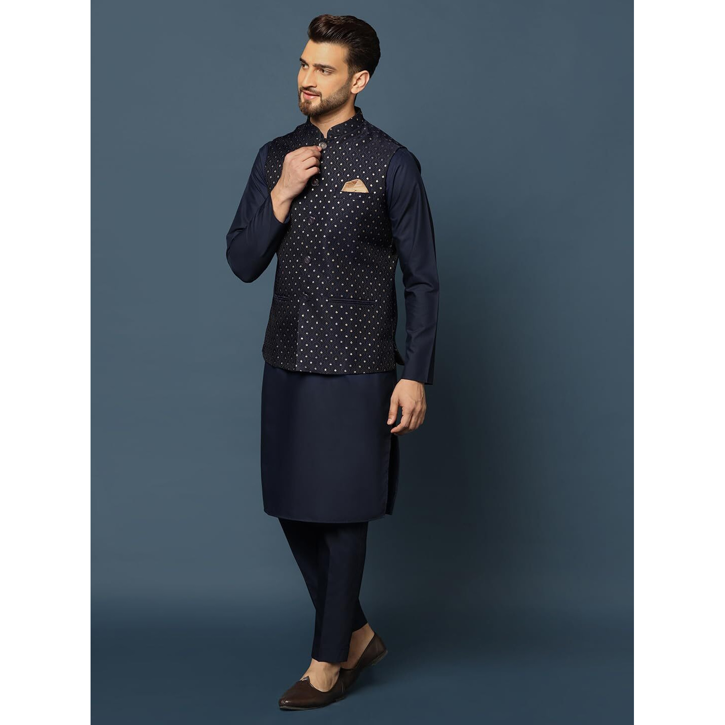 Kisah Men's Kurta With Jacket And Trouser, Cotton Blend, Woven Design, Full Sleeves, Straight, Regular Fit, Ethnic Wear, Blue And Beige, 40