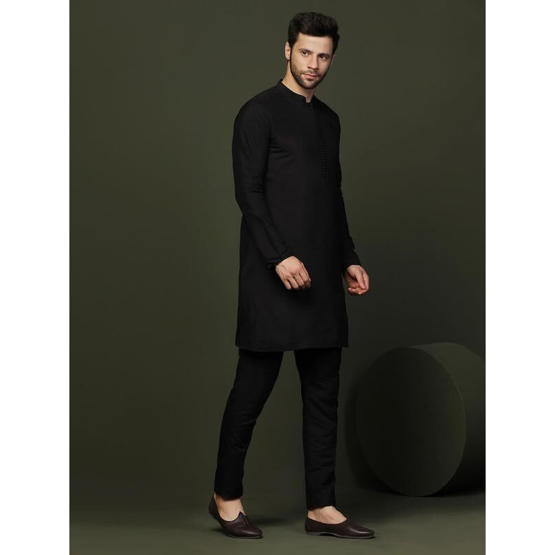 Kisah Men's Mid Kurta, Black Cotton Blend, Solid Regular Fit Mandarin Collar Long Sleeves (44)