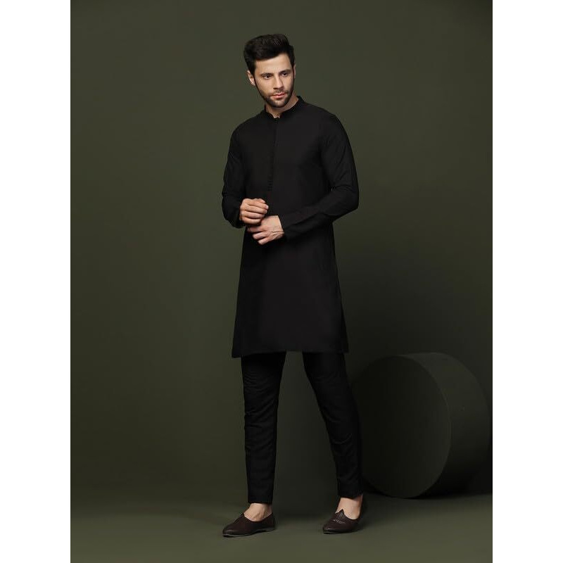 Kisah Men's Mid Kurta, Black Cotton Blend, Solid Regular Fit Mandarin Collar Long Sleeves (44)