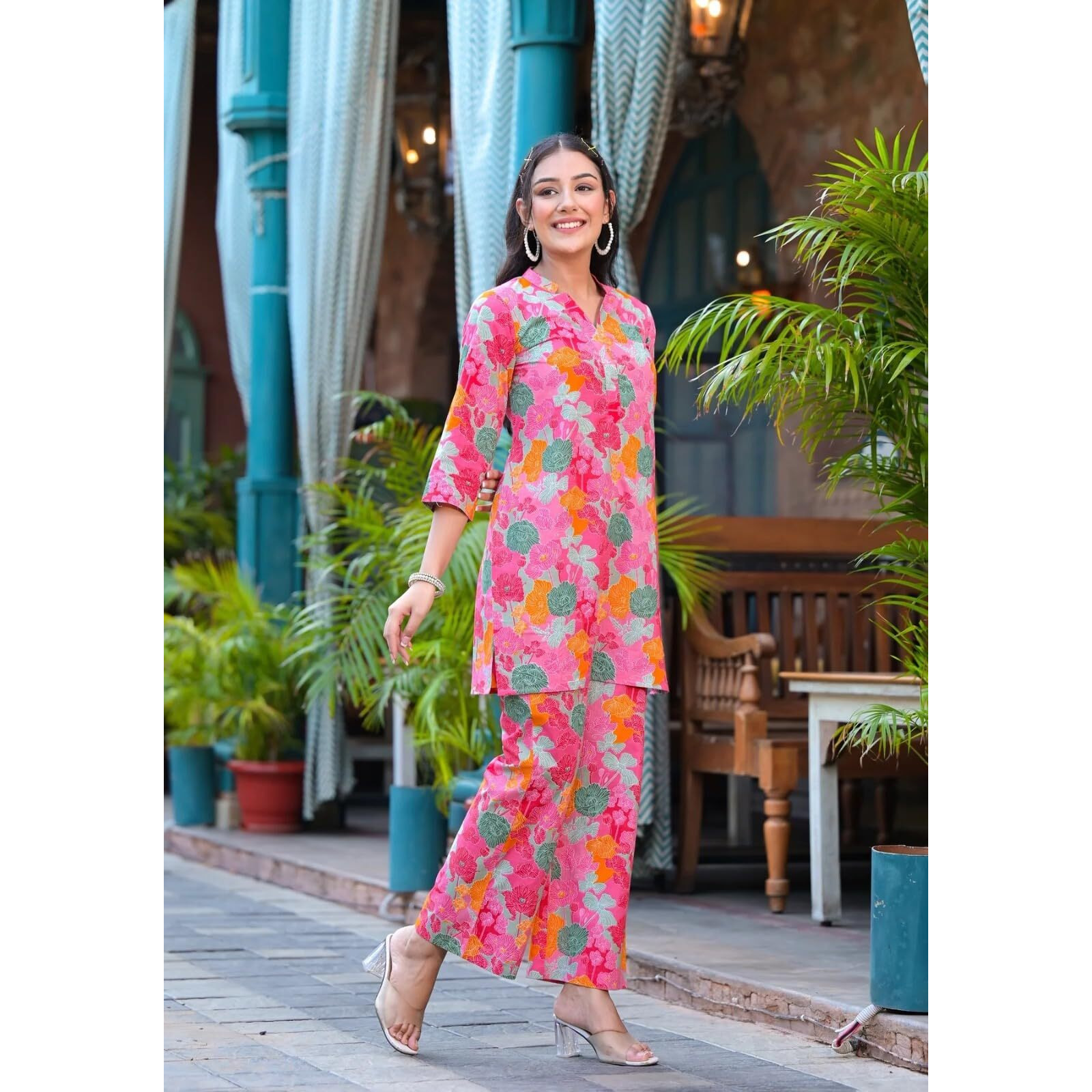 Leriya Fashion Women Ethnic Kurta Set | Cotton Blend Kalista Co-Ord Set | Casual Wear Pant Top Set | Fancy Pajama Set | Pack Of 2 | Floral Printed Top & Pant Set (Medium, Pink) Lf-K-W1728&Tr819