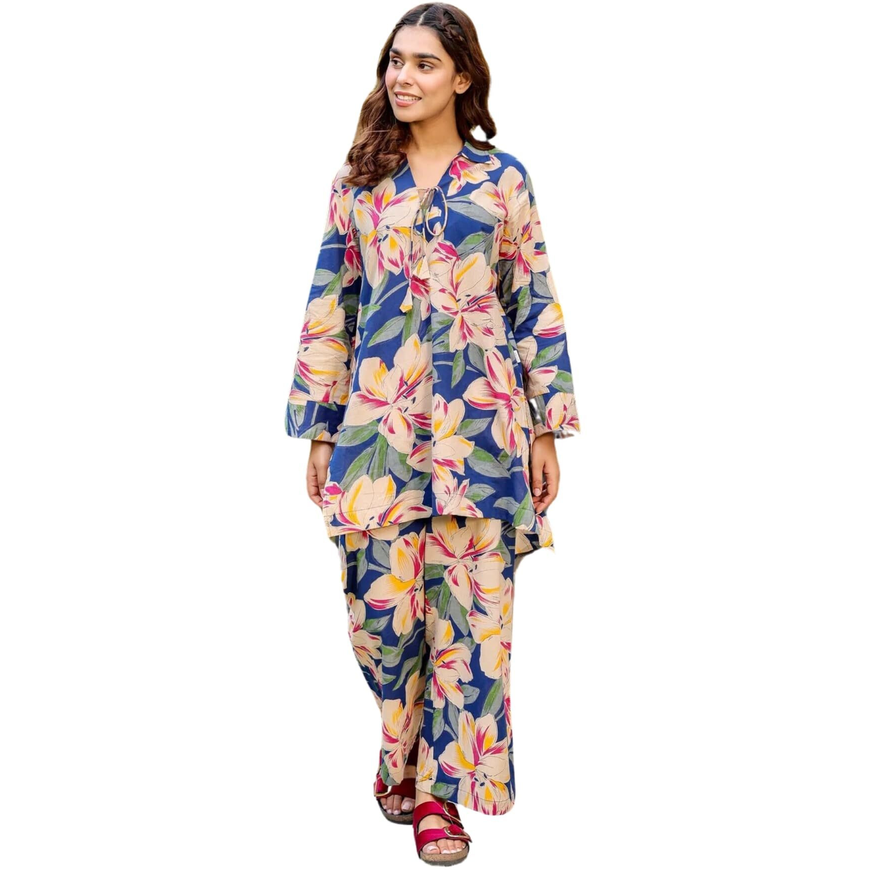 Leriya Fashion Women Ethnic Kurta Set | Rayon Co-Ord Set | Fancy Pajama Set | Pack Of 2 | Floral Printed Top & Pant Set | Full Pair Set | A-Line Kurta Set For Women (X-Large, Blue) Lf-K-W1846&Tr903