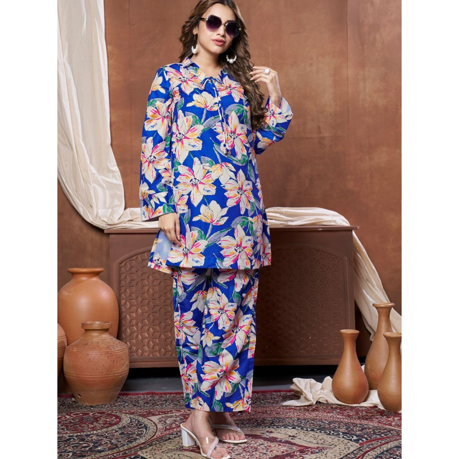 Leriya Fashion Women Ethnic Kurta Set | Rayon Co-Ord Set | Fancy Pajama Set | Pack Of 2 | Floral Printed Top & Pant Set | Full Pair Set | A-Line Kurta Set For Women (X-Large, Blue) Lf-K-W1846&Tr903