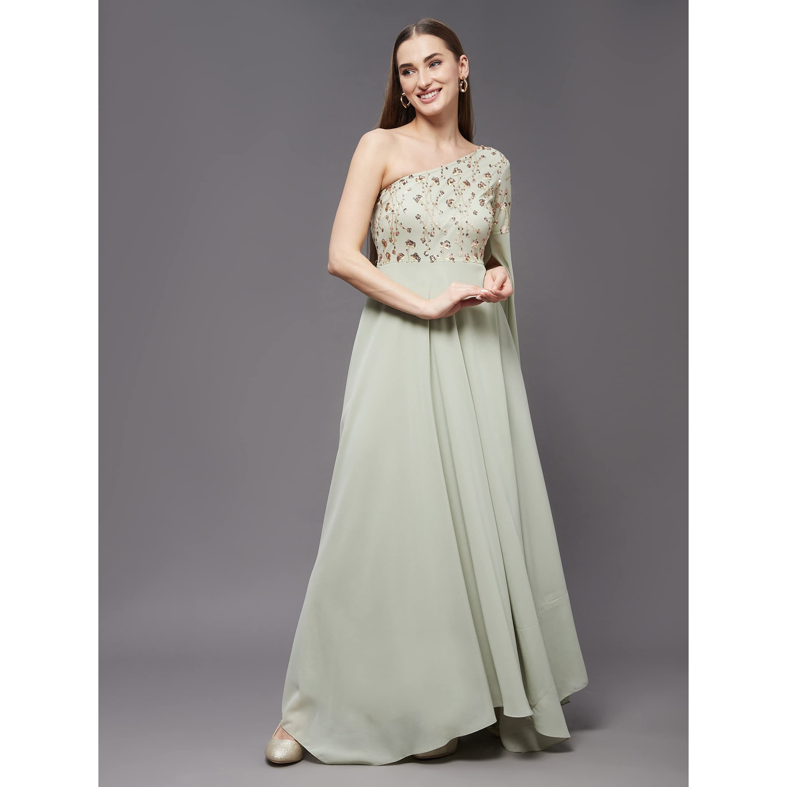 Miss Chase Women's Dusty Green And Golden Solid Embellished Asymmetric Maxi Dress (Mcaw21D06-20-244-02, Dusty Green And Golden, Xs)