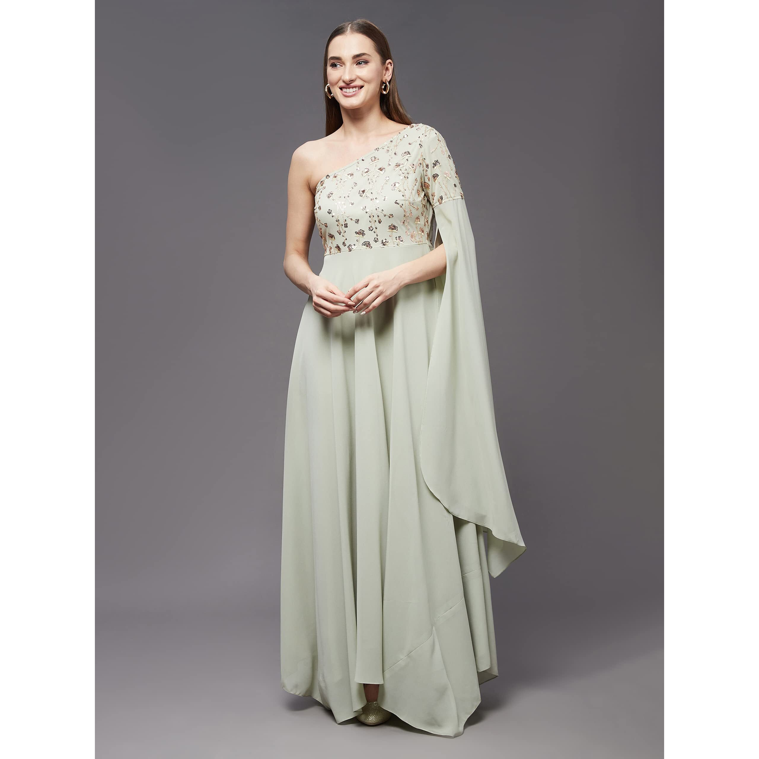 Miss Chase Women's Dusty Green And Golden Solid Embellished Asymmetric Maxi Dress (Mcaw21D06-20-244-02, Dusty Green And Golden, Xs)