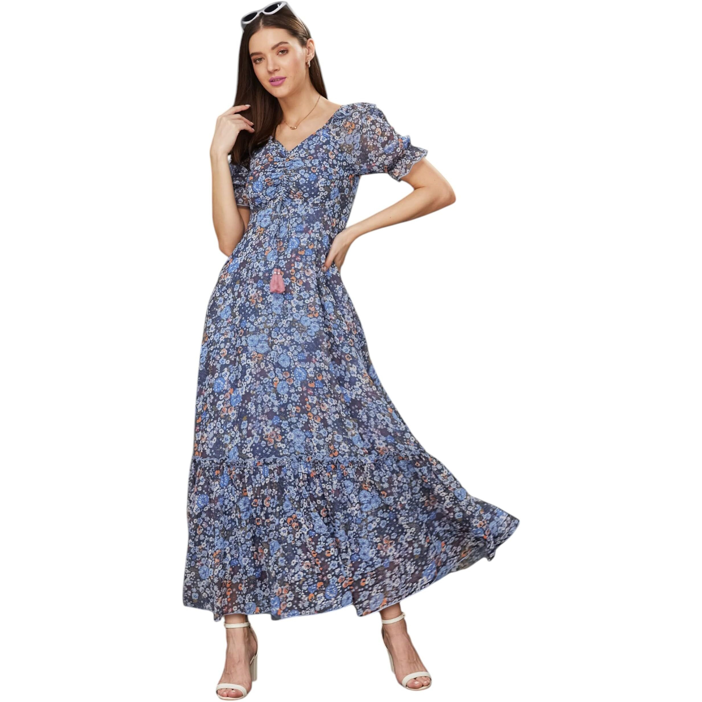 Miss Chase Women's V-Neck Puff Sleeve Floral Ruching Ankle Length Dress With Pockets (Plus (Mcaw21D06-35-178-02, Multicolored-Base-Navy Blue, Xs)