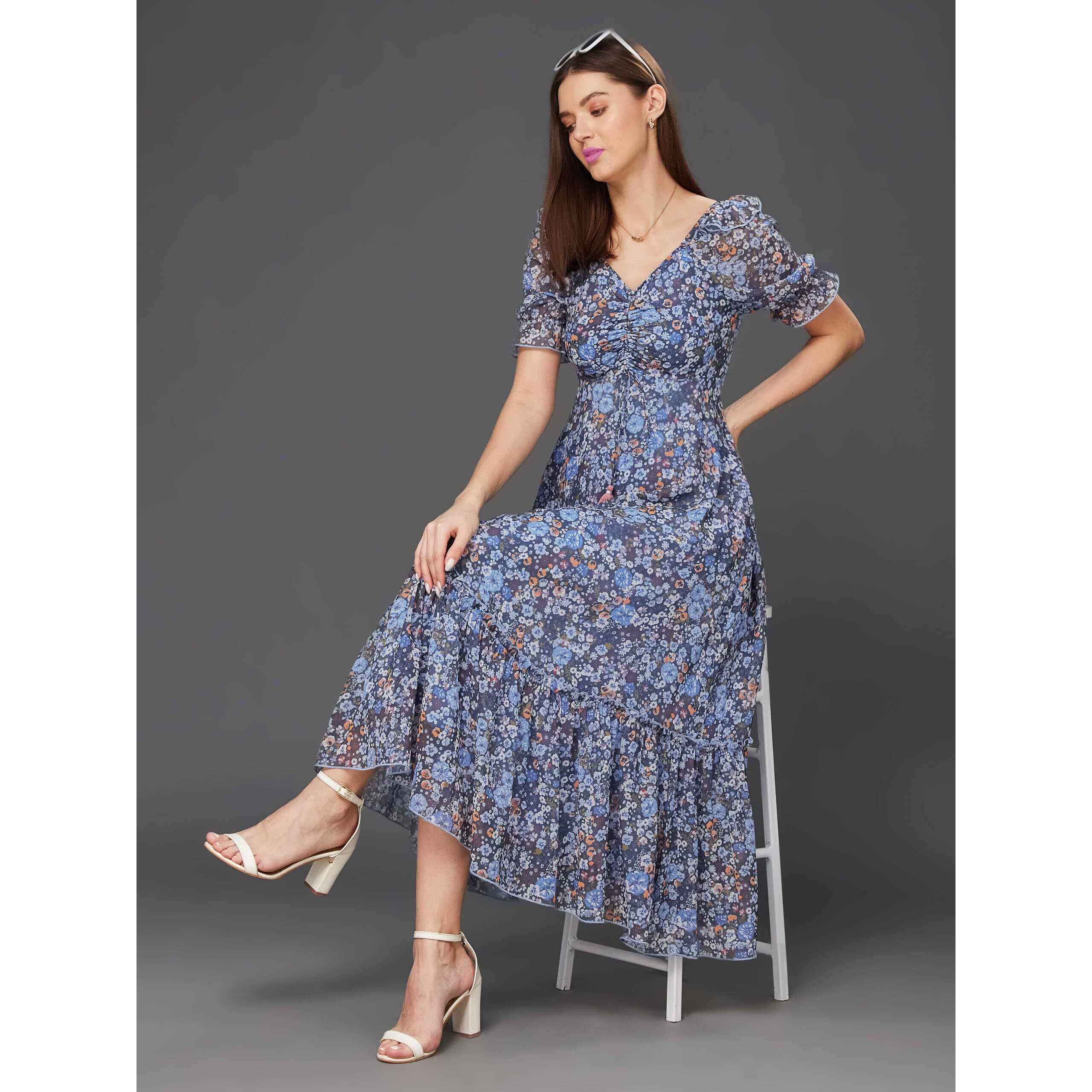 Miss Chase Women's V-Neck Puff Sleeve Floral Ruching Ankle Length Dress With Pockets (Plus (Mcaw21D06-35-178-02, Multicolored-Base-Navy Blue, Xs)