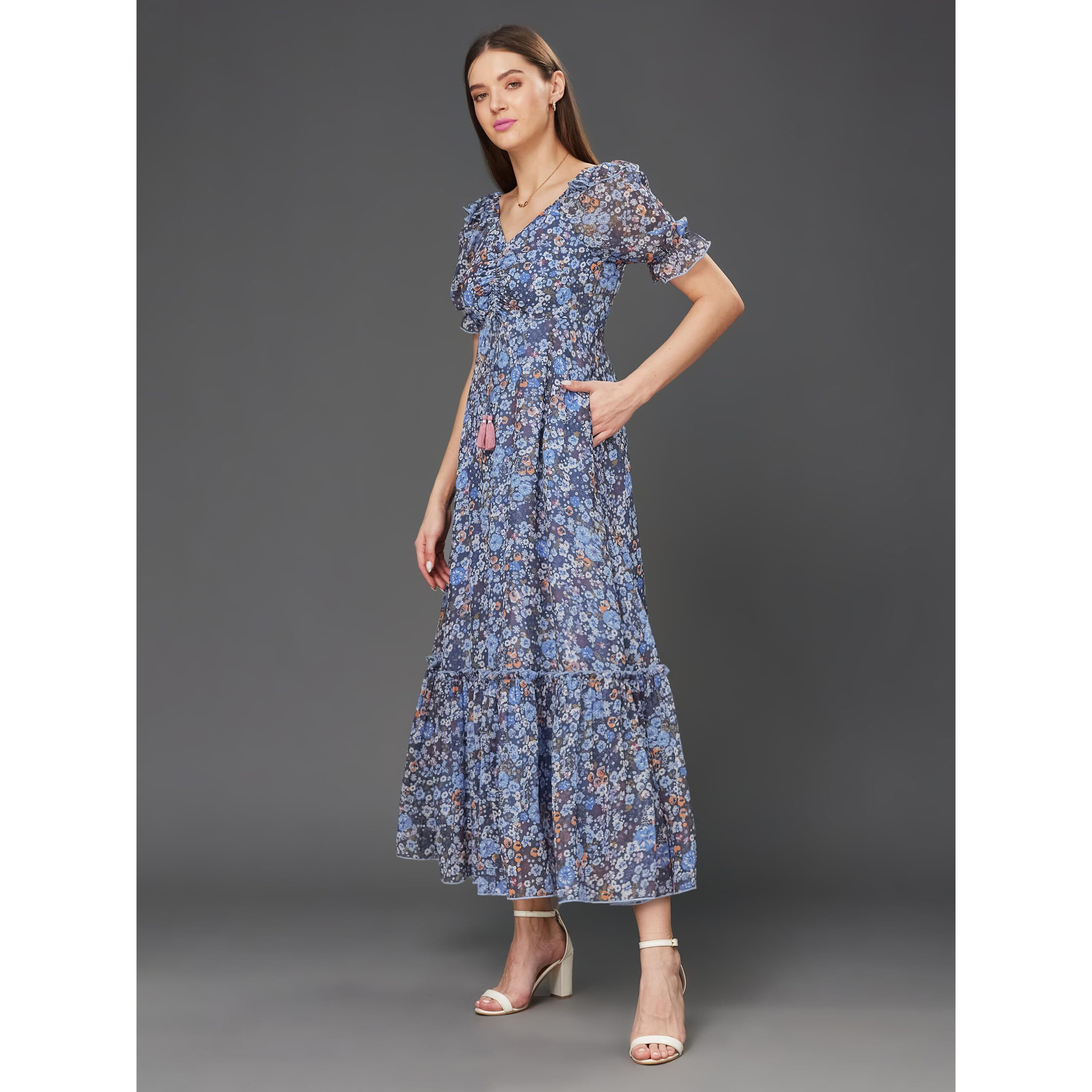 Miss Chase Women's V-Neck Puff Sleeve Floral Ruching Ankle Length Dress With Pockets (Plus (Mcaw21D06-35-178-02, Multicolored-Base-Navy Blue, Xs)