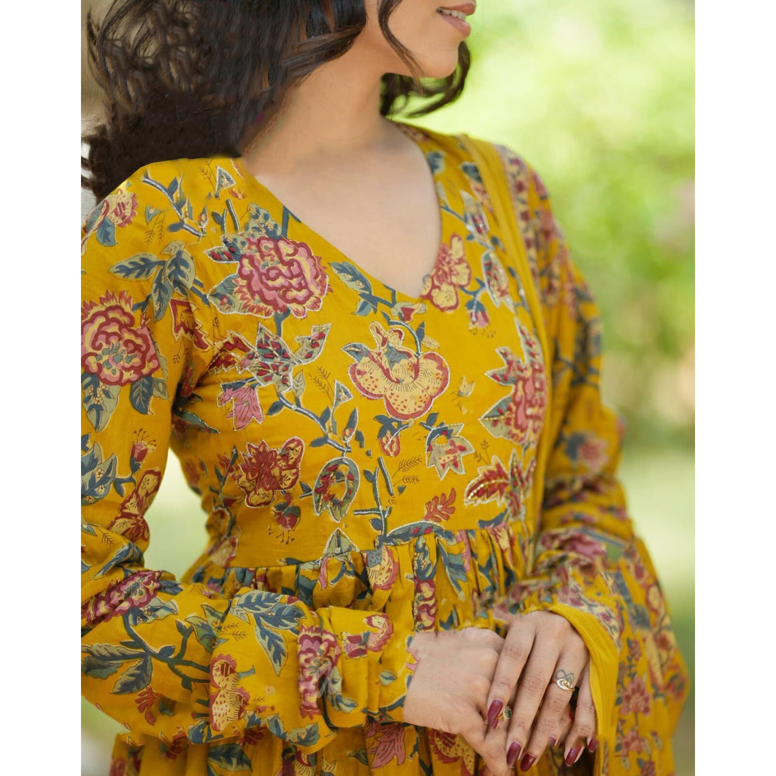 Nermosa Women Printed Anarkali Kurta And Pant Set With Dupatta (In, Alpha, 2Xl, Mustard Yellow)