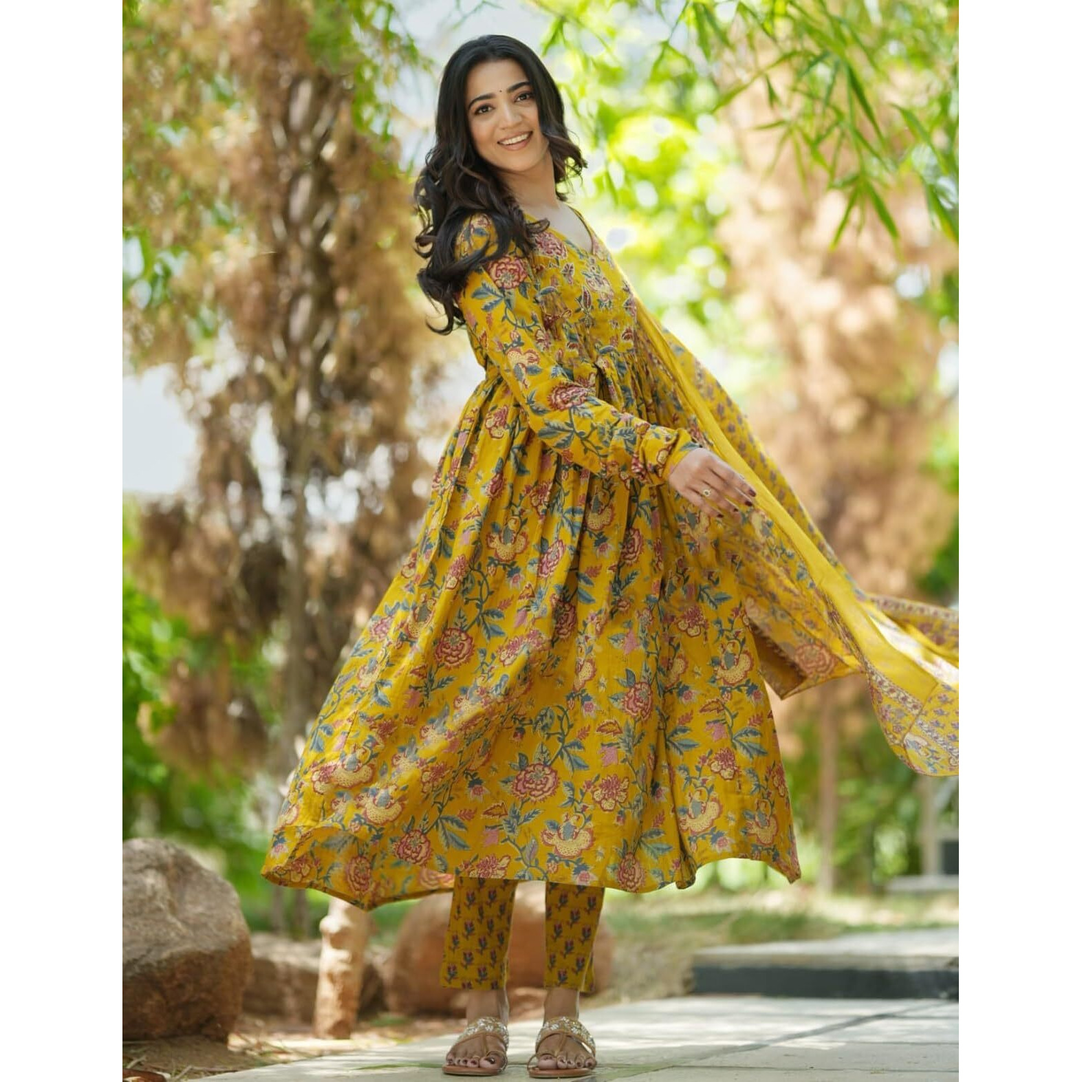 Nermosa Women Printed Anarkali Kurta And Pant Set With Dupatta (In, Alpha, 2Xl, Mustard Yellow)