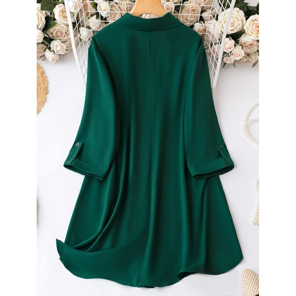 Om Sai Latest Creation Western Dress || Rayon Solid Button Front Shirt Dress For Women || Roll Tab Sleeve & Collared Neck Flared Dress || Office || Summer Short Dresses For Women. (X-Large, Green)