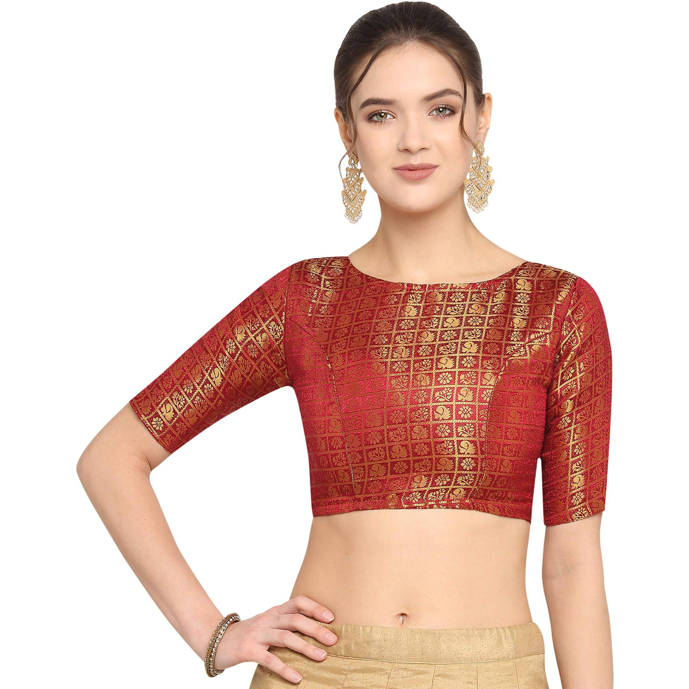Oomph Women's Art Silk Half Sleeve Fitted Saree Blouse (Group 43_Maroon Red M)