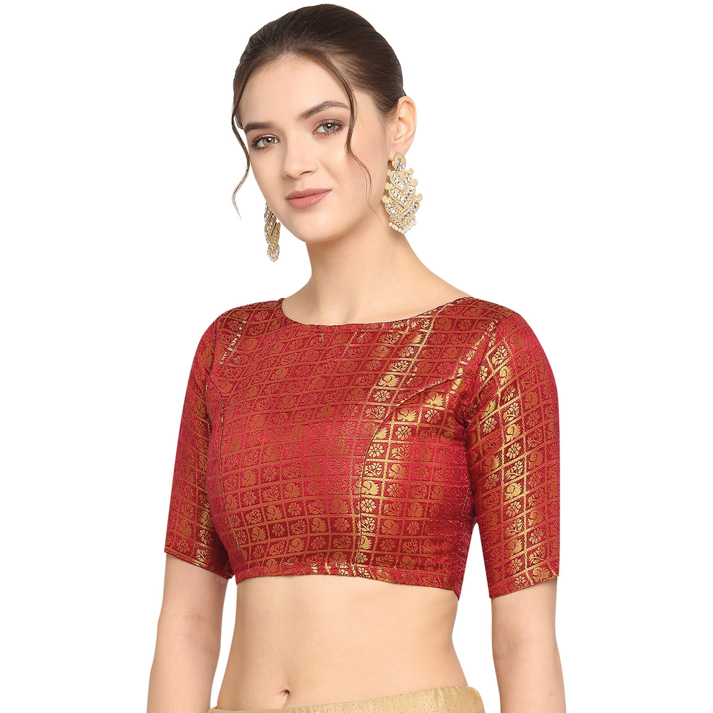 Oomph Women's Art Silk Half Sleeve Fitted Saree Blouse (Group 43_Maroon Red M)