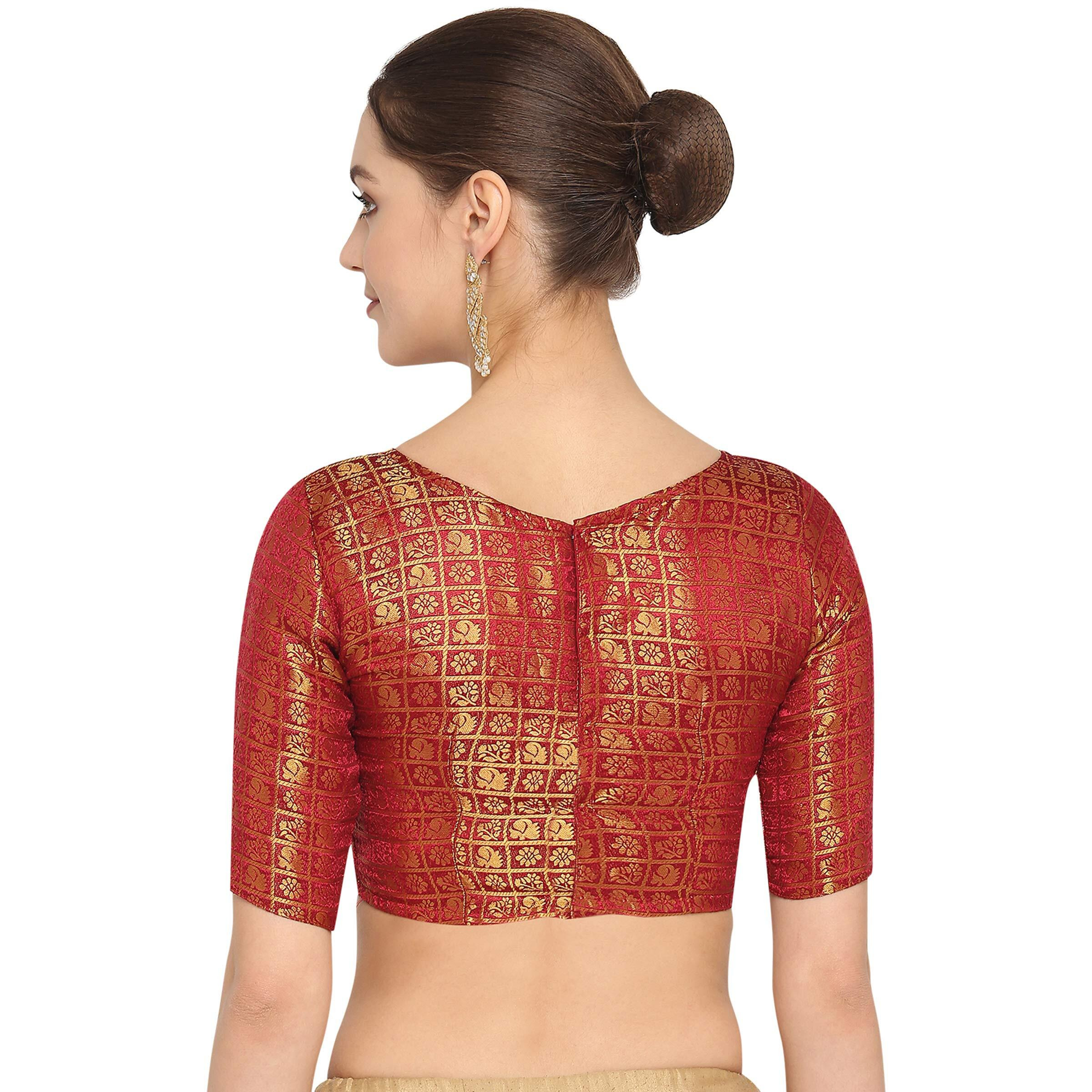 Oomph Women's Art Silk Half Sleeve Fitted Saree Blouse (Group 43_Maroon Red M)