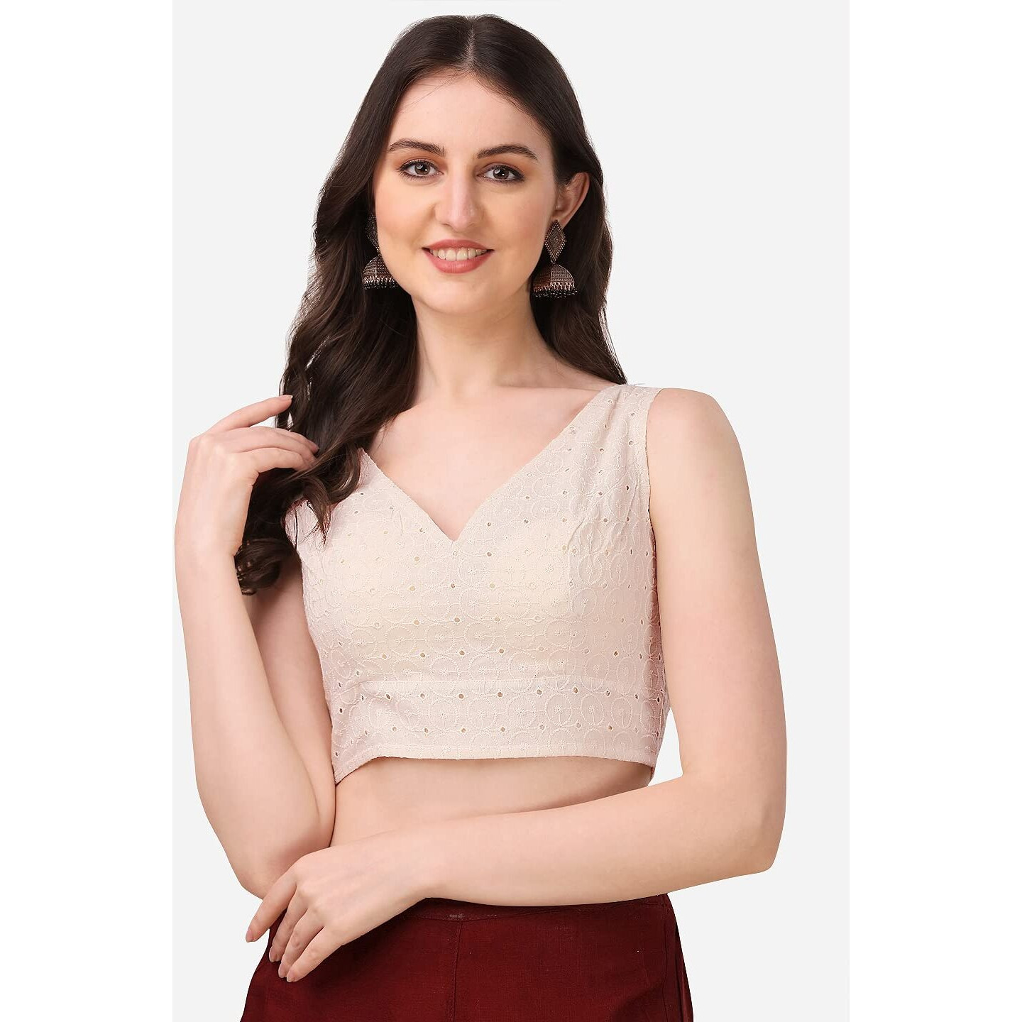 Oomph Women's Indian Ethnic Wear Designer Abstract Pattern V Neck Sleeveless Cotton White Blouse For Saree Or Lehnga And Blousepalazzos Or Skirts For A Fusion Twist.