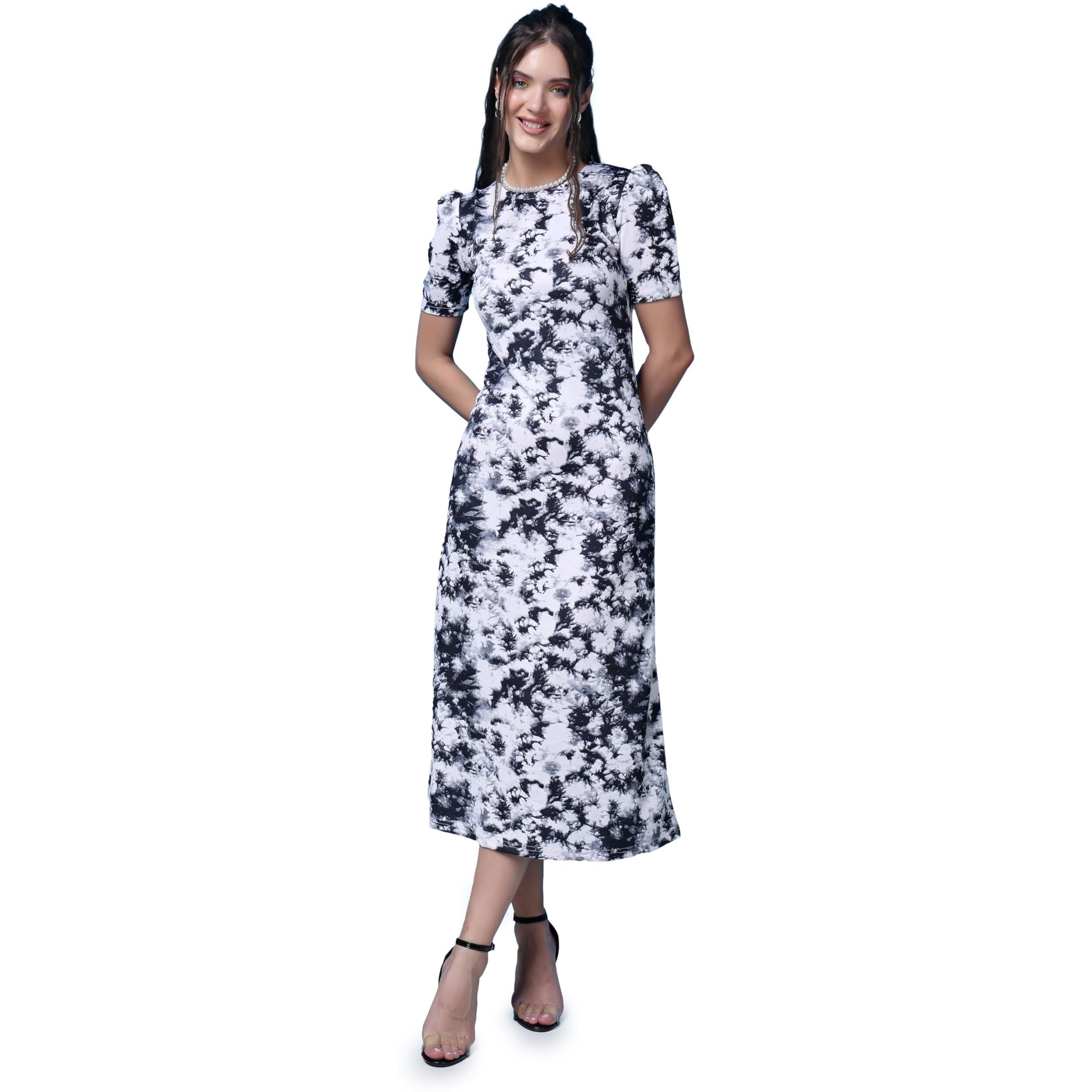 Popwings Casual Abstract Printed Midi Dress For Women | Half-Sleeves Long Dress For Women | Round-Neck Women Stylish Dress