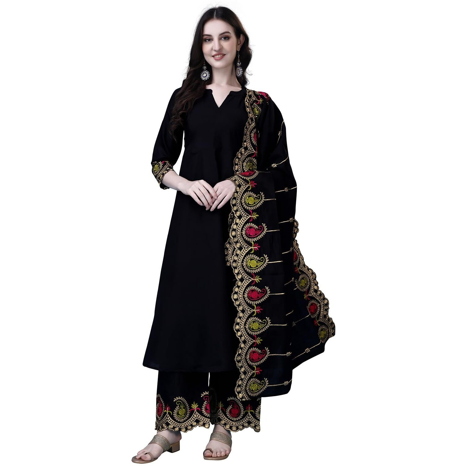 Pratham Blue Women's Silk Embroidered Anarkali Kurta With Palazzos And Dupatta (Pb-6150-L_Black)