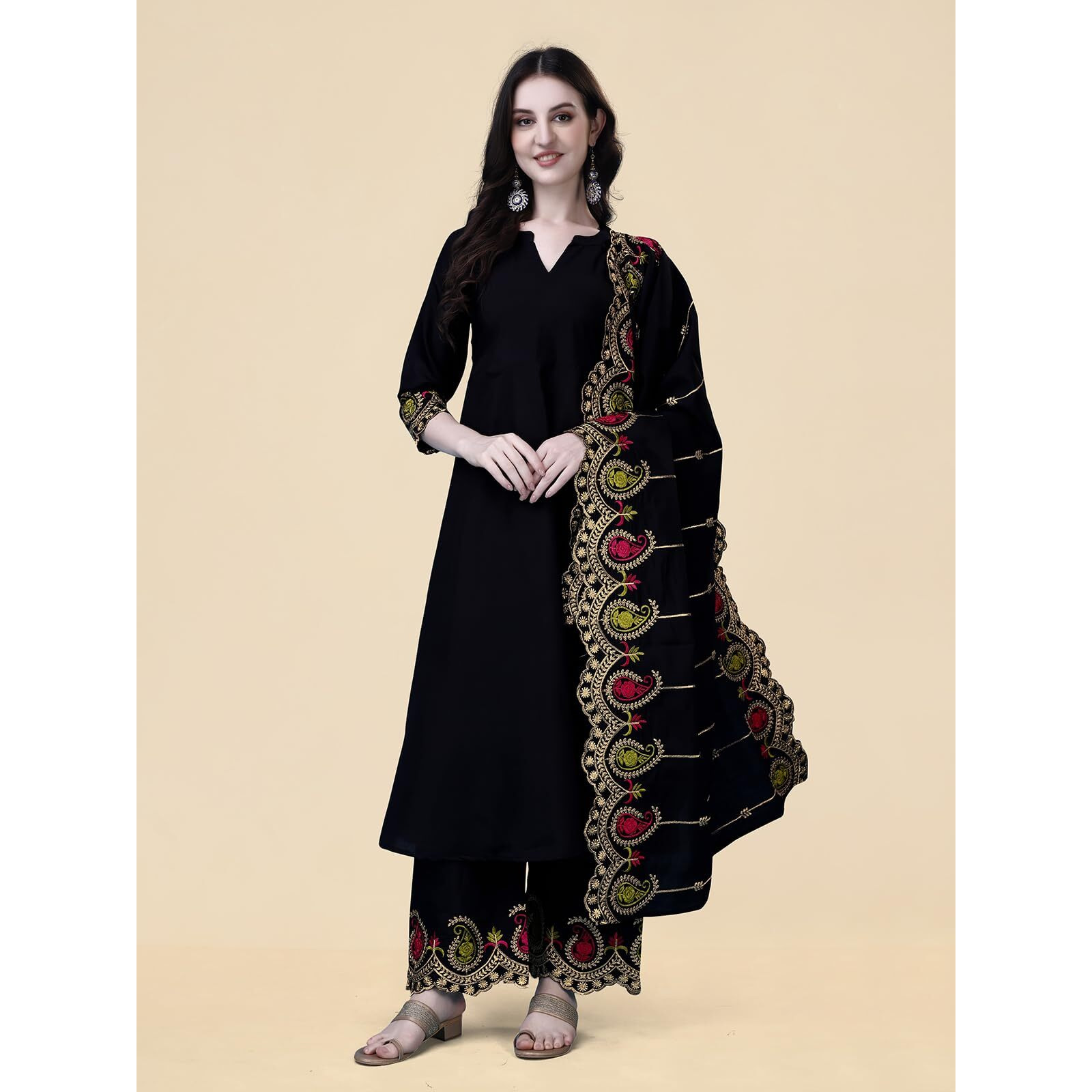 Pratham Blue Women's Silk Embroidered Anarkali Kurta With Palazzos And Dupatta (Pb-6150-L_Black)