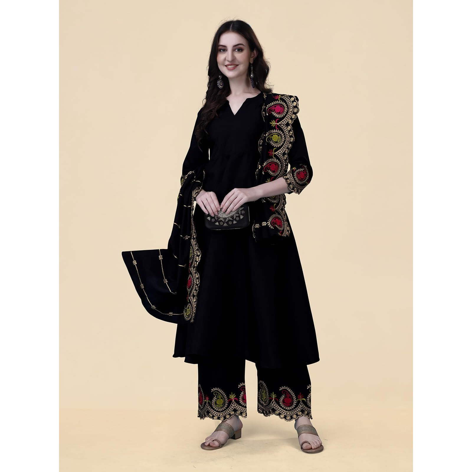 Pratham Blue Women's Silk Embroidered Anarkali Kurta With Palazzos And Dupatta (Pb-6150-L_Black)