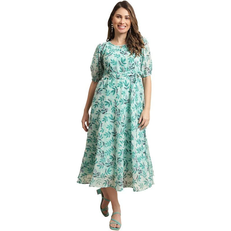 Preneum Women's Maxi Fit & Flare Print Georgette Regular Sleeves Casual |Summer |Latest Style |Festival & Occasion Maxi Gown(Maxi-N-30_Xxl) Sky Blue