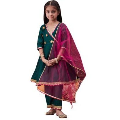 Pspeaches Girl's Silk Kurta Set (Ks-Greentafeta-3-4Y_Green