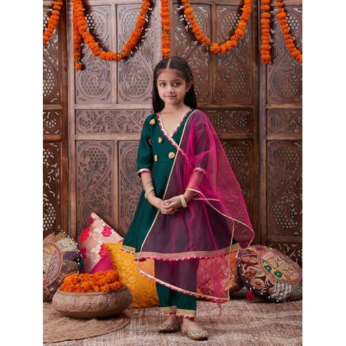 Pspeaches Girl's Silk Kurta Set (Ks-Greentafeta-3-4Y_Green