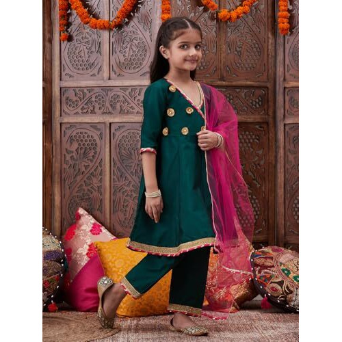 Pspeaches Girl's Silk Kurta Set (Ks-Greentafeta-3-4Y_Green