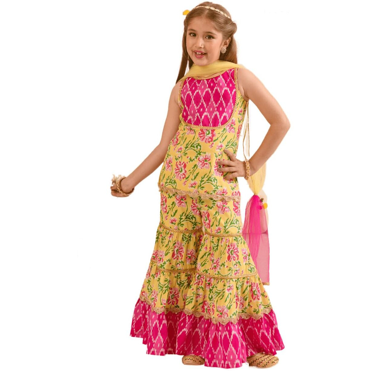Pspeaches Girls Floral Printed Pure Cotton Kurta With Sharara With Dupatta
