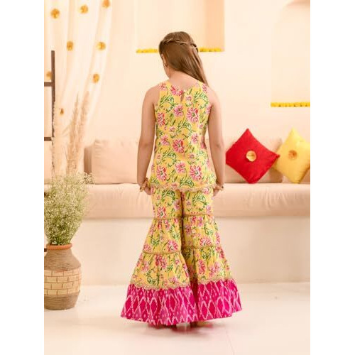 Pspeaches Girls Floral Printed Pure Cotton Kurta With Sharara With Dupatta