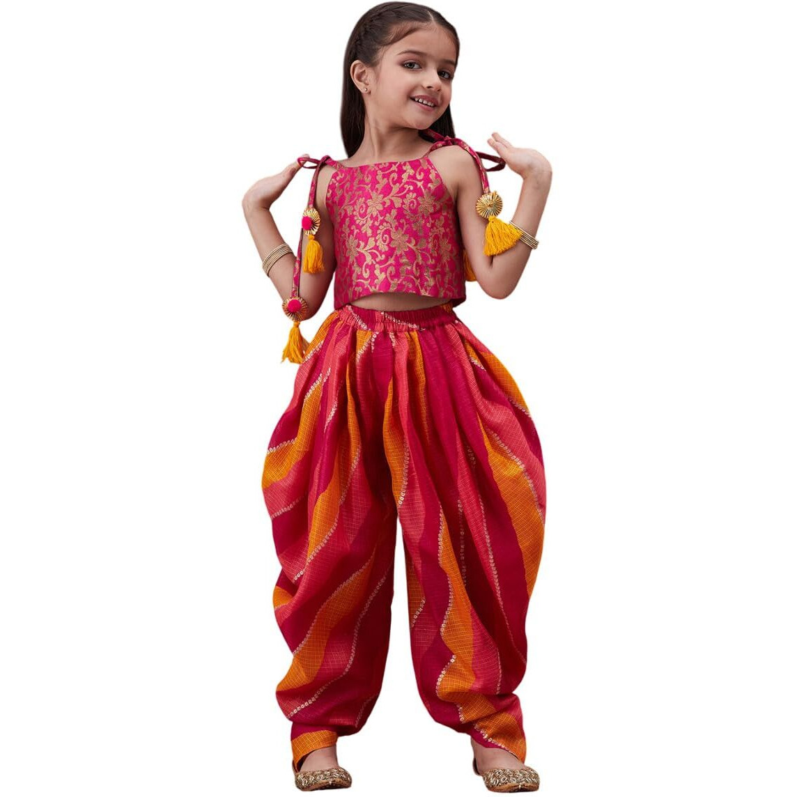 Pspeaches Girl's Cotton 1 Dhoti, 1 Kurta (Dh-Magentabrocade-7-8Y_Orange