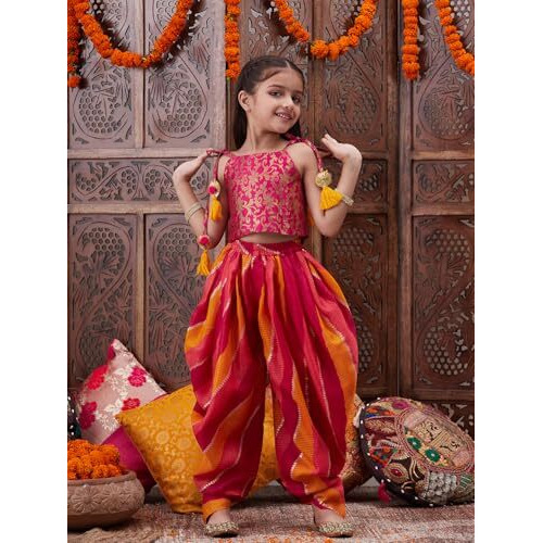 Pspeaches Girl's Cotton 1 Dhoti, 1 Kurta (Dh-Magentabrocade-7-8Y_Orange